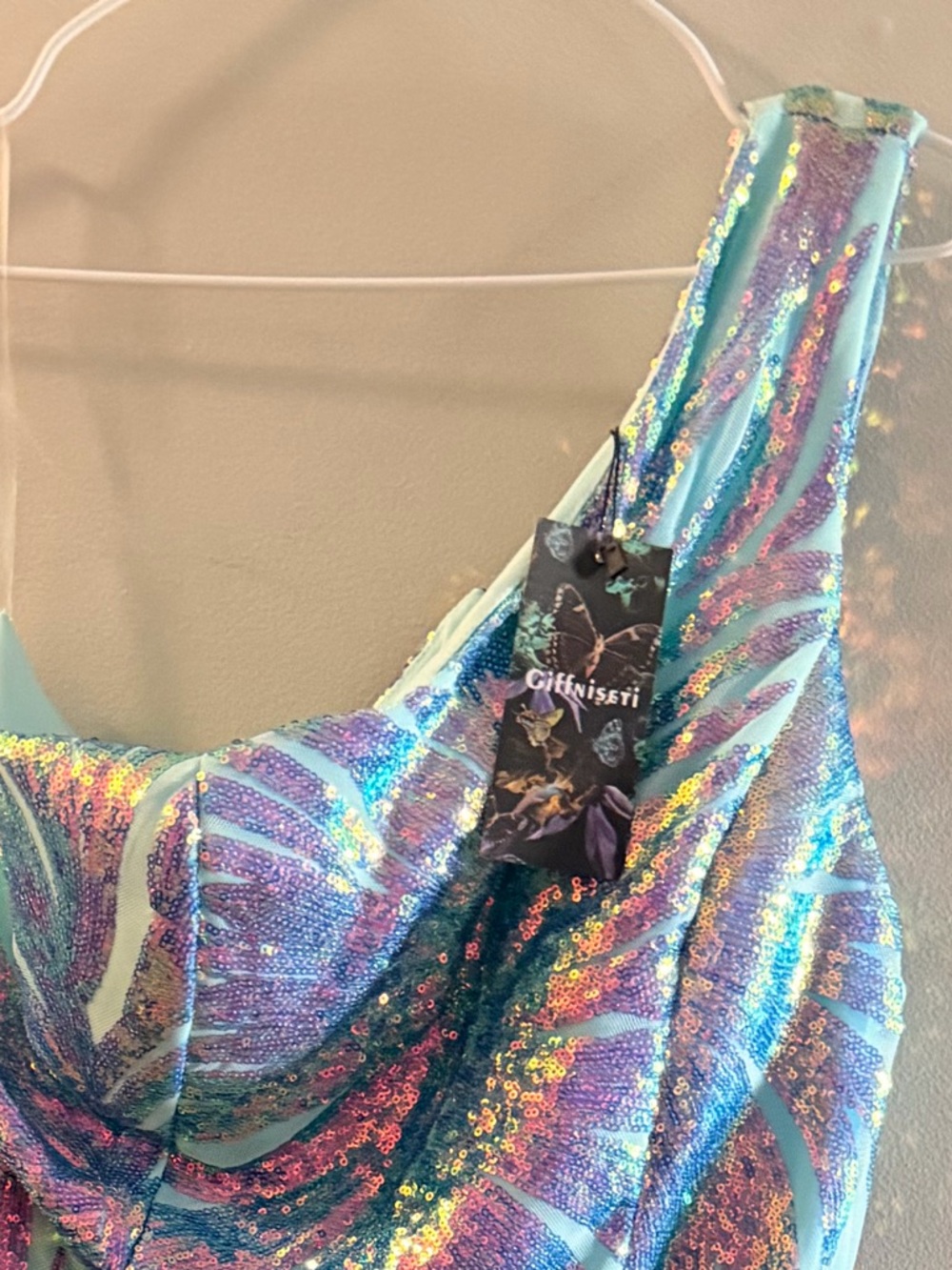 Women’s XL, Giffinsetti, Aqua & purple Iridescent Sequin Prom Dress - Picture 4 of 16